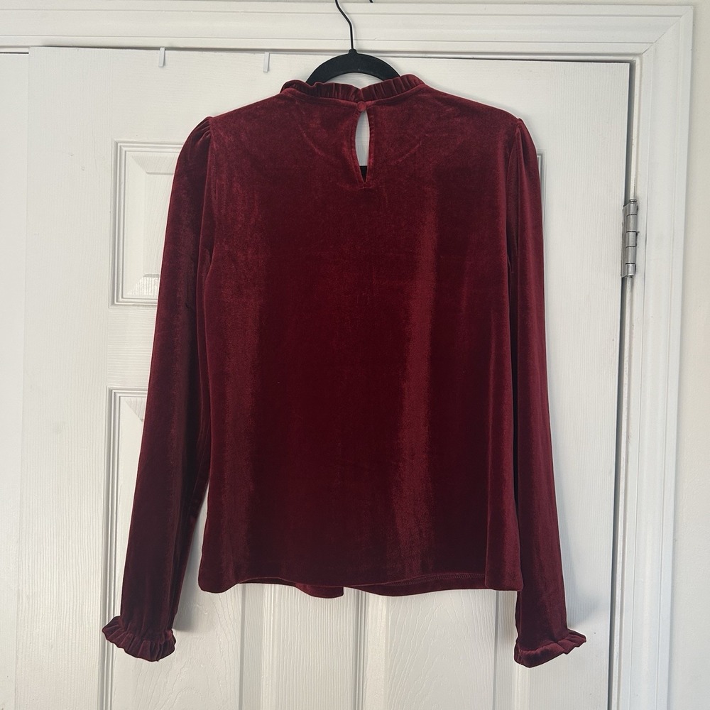 Boden Velvet Frill Trim Long Sleeve Top Red Women's US Size 10 Mockneck - Picture 6 of 6